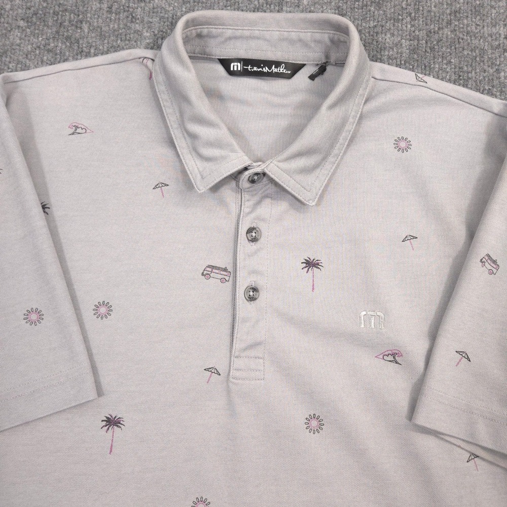 Travis Mathew Polo Shirt Mens Large Gray Drive Down Print AOP Golf Preppy Casual
